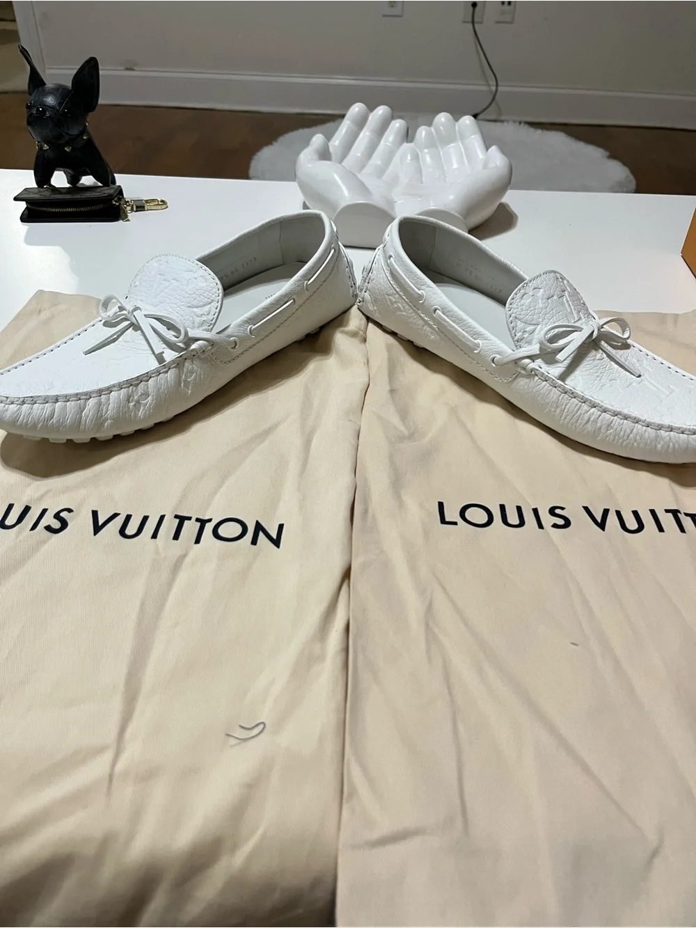 Louis Vuitton White Embossed Monogram Driving Loafers with Bow